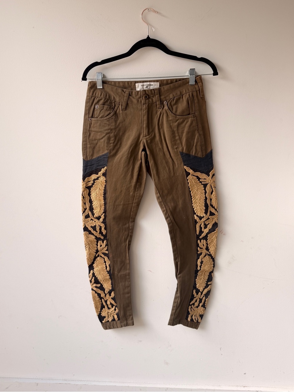 Miss Me Vintage Embroidered Olive Green Skinny Pants with Black & Gold Detail
